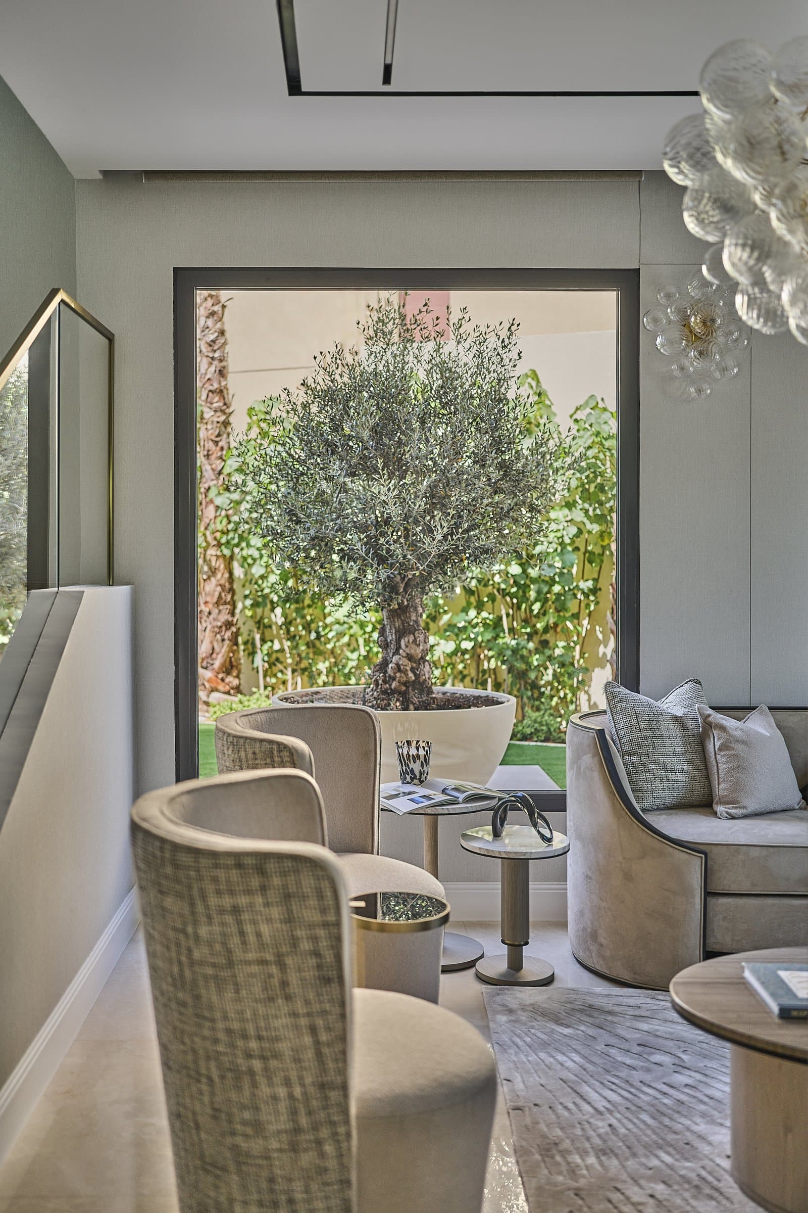 The lounge opens onto the home's emotional anchor, a mature olive tree framed like a painting