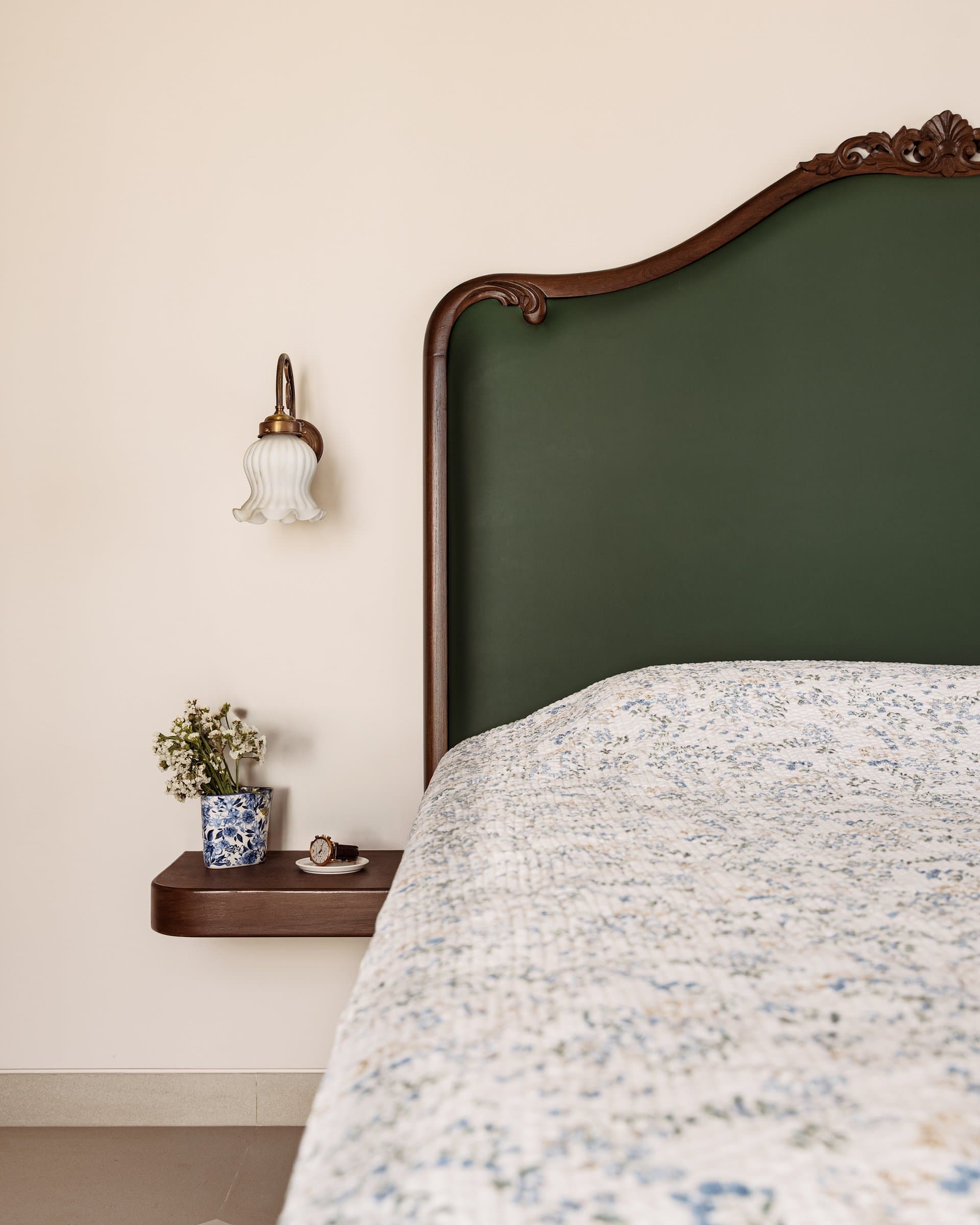 A closer reading of the headboard wall, where the rituals of a slow morning are made architectural