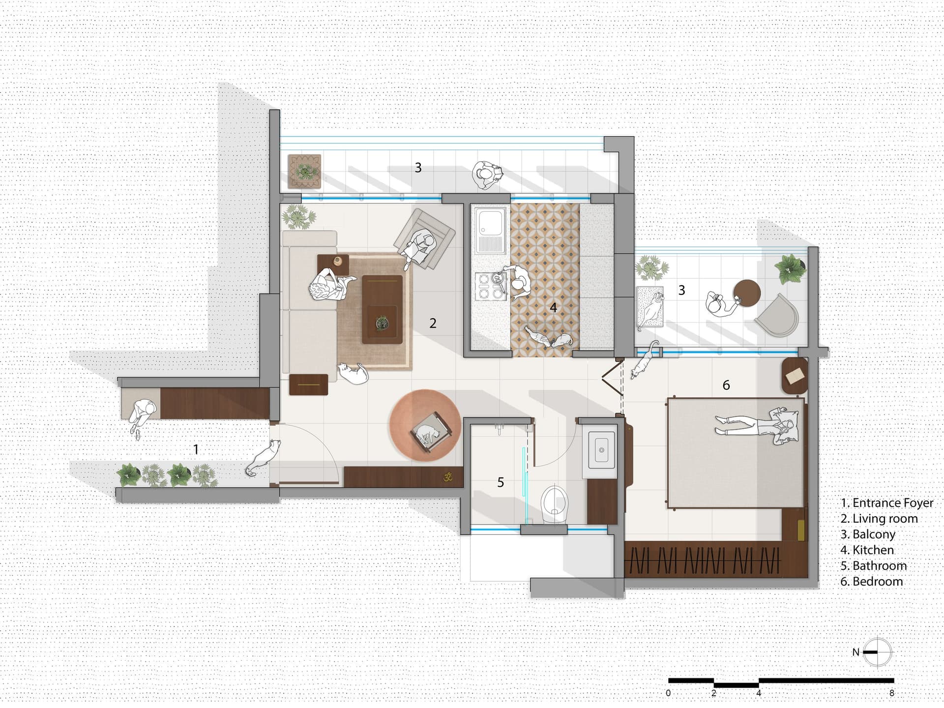 The floor plan reveals how tightly the studio is choreographed, with the cats appearing in nearly every zone