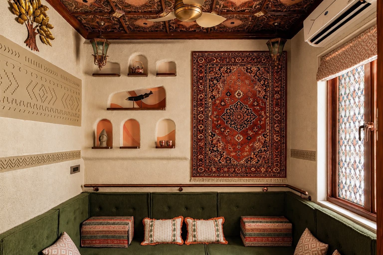 The majlis-inspired informal lounge, its green tufted banquette set beneath a patterned ceiling and a hung tapestry rug